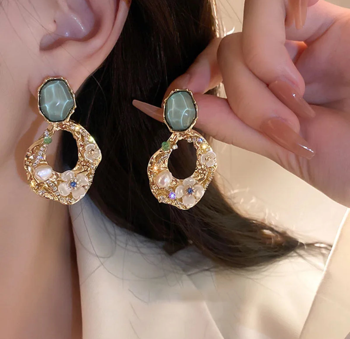 Flower and Pearl Drop Earrings
