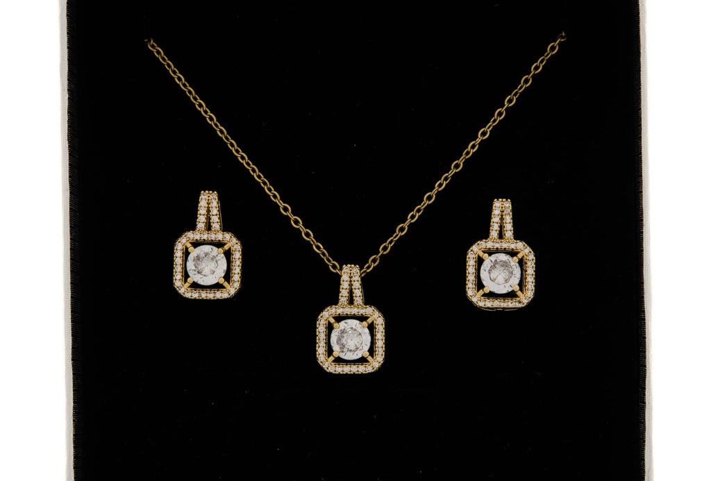 Elegant Crystal Pendant Necklace, Gold Chain, Square Cut Cubic Zirconia, Double Drop Design with Pave Setting