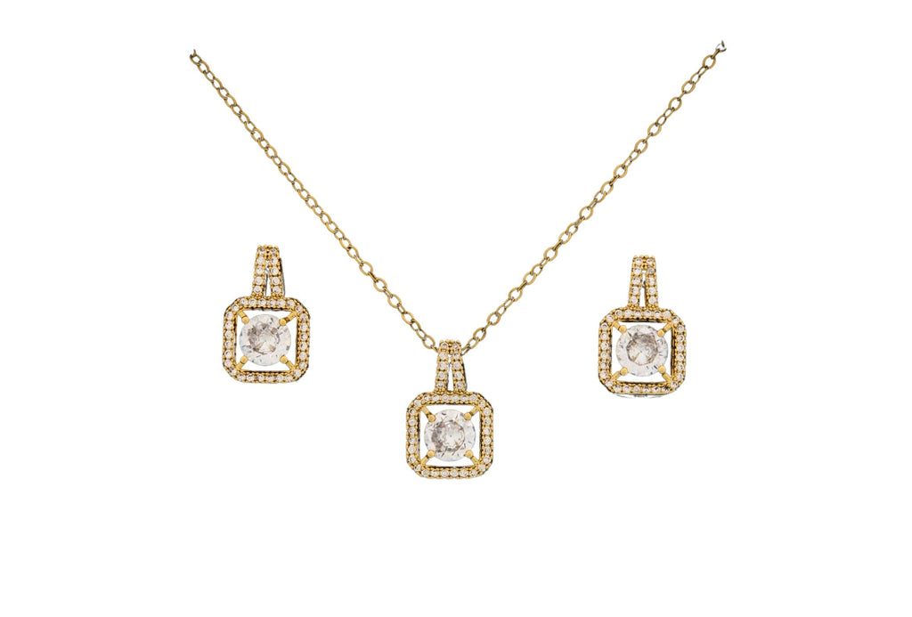 Elegant Crystal Pendant Necklace, Gold Chain, Square Cut Cubic Zirconia, Double Drop Design with Pave Setting